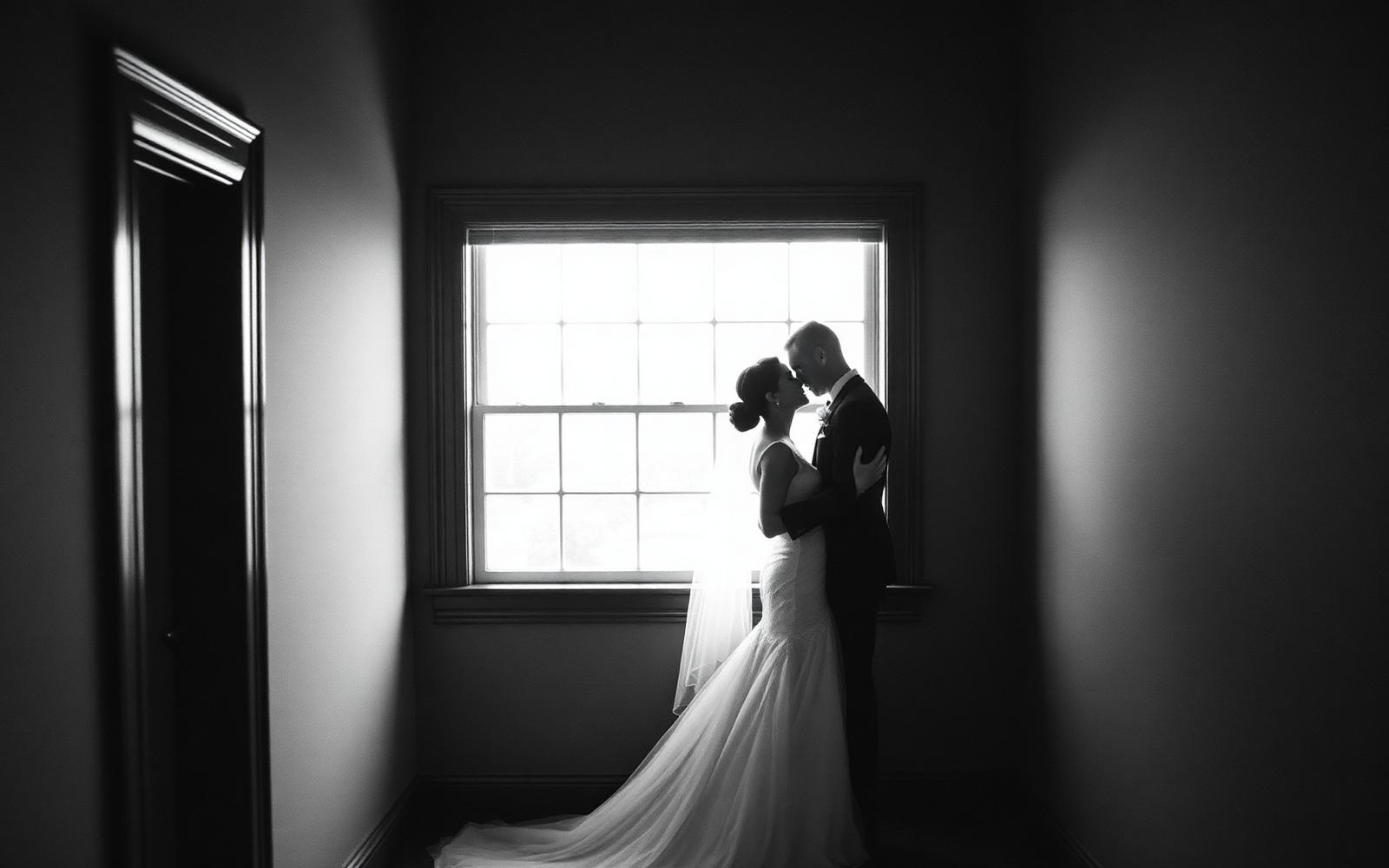 Bride and groom silhouetted in soft window light
